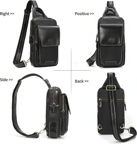 Vista 3 de Bolso bandolera de cuero genuino para hombre, mochila cruzada de cuero de grano completo para hombre, riñoneras, bolsa de pecho