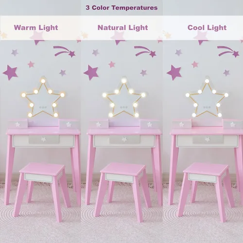 Vista 8 de Teamson Kids Juego de tocador de estrellas con luces LED para niñas, mesa de maquillaje rosa de 2 piezas para niños con espejo, 3 cajones