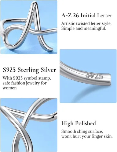 Vista 4 de SILVERCUTE Anillos con iniciales S925, tamaño ajustable 6-12, letra del alfabeto A-Z, joyería personalizada con iniciales trenzadas, anillos