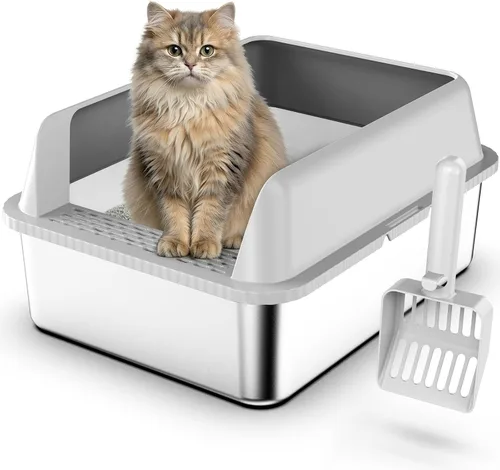 Vista 8 de Suzzipaws Paquete de 2 cajas de arena de acero inoxidable de 17.3 x 13.4 x 9 pulgadas, caja de arena para gatitos y mascotas pequeñas, caja de arena