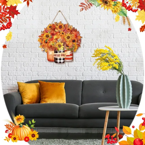 Vista 6 de Wesiti Letrero colgante de madera para puerta de Acción de Gracias, diseño de girasol y calabaza, para puerta delantera, porche