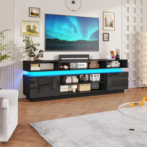 Vista 13 de chartustriable Soporte de TV LED para TV de 80 pulgadas, centro de entretenimiento alto moderno con tomas de corriente, soporte de TV de alto