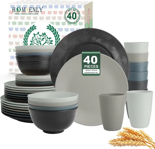 Vista 11 de Homienly Juegos de Vajilla Premium de Paja de Trigo, Platos y Tazones Ligeros e Irrompibles, Tazas, Servicio para 4, Apto para Lavavajillas