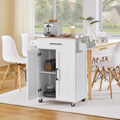 Vista 3 de Topeakmart Carrito de isla de cocina con armario de almacenamiento y 1 cajón, carrito de cocina rodante con toallero y estante para especias