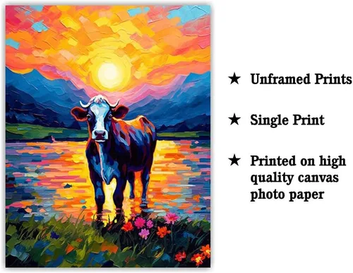 Vista 2 de Bestbuddy Pet 8 x 10 sin marco noche estrellada Van Gogh inspirado vaca lechera junto al lago Flores Granja Animal Leche Vaca Ganado Familia Pintura