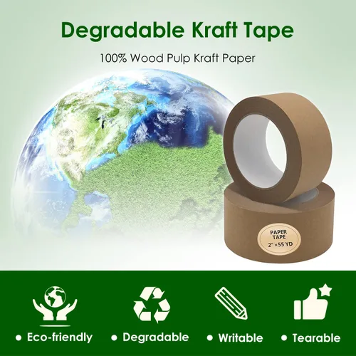 Vista 3 de TooCust Cinta de papel marrón para escribir de 2 pulgadas x 55 yardas, superficie no recubierta, no necesita agua, se puede rasgar a mano, cinta