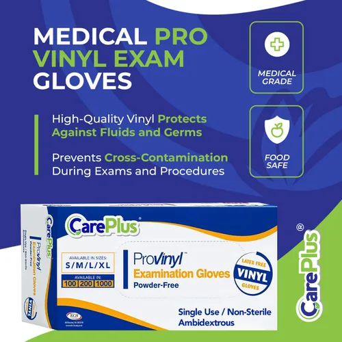 Vista 2 de CARE PLUS Pro - Guantes de vinilo transparentes de tamaño pequeño, 100 unidades Sin látex, sin polvo, resistentes, no estériles, Guantes