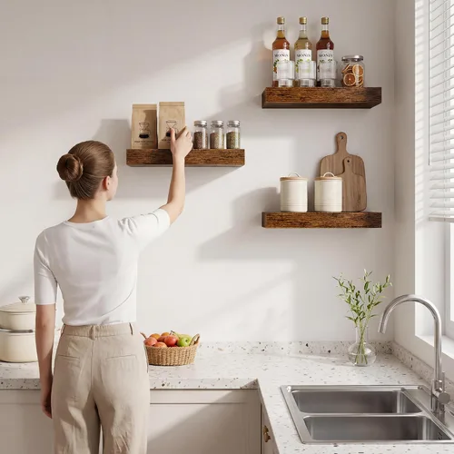 Vista 6 de Marsmiles 12in Depth Floating Shelves, 12x12x1.4, Rustic Brown, Set of 3 Marrón rústico