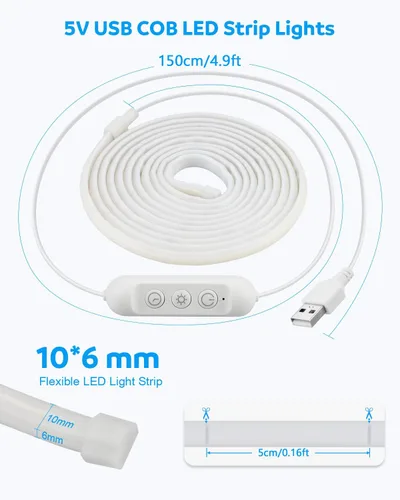 Vista 6 de Aclorol Tira de luces LED COB de 5 V, 10 pies, 960 LED, regulables, impermeables, con autoadhesivas, para gabinete de cocina, baño, espejo, tocador