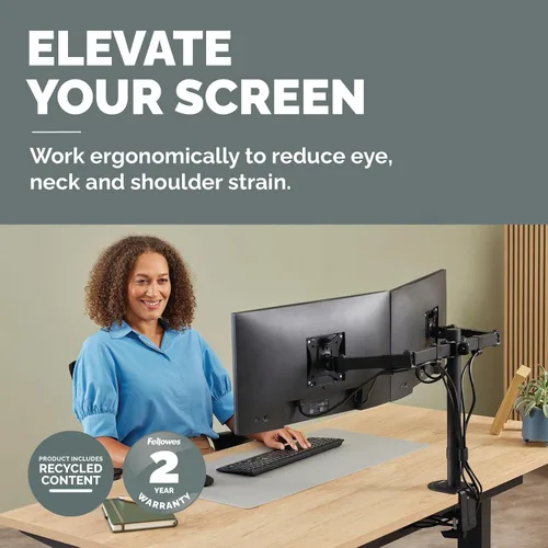 Vista 2 de Fellowes Brazo de monitor doble ajustable para todos los días: tiene capacidad para dos pantallas de hasta 32 pulgadas con un peso de 19.84 libras
