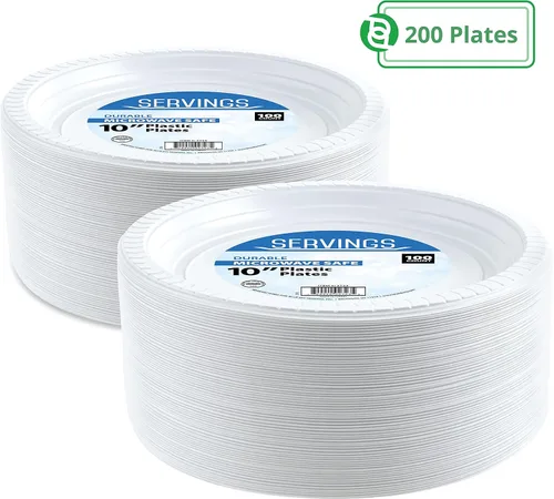 Vista 2 de Blue Sky Platos de plástico blanco de 10 pulgadas, 200 unidades, platos de plástico desechables, aptos para microondas, perfectos para fiestas
