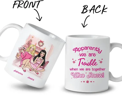 Vista 2 de Gossby Taza de café de Navidad personalizada para amigas, regalo de amistad de Navidad personalizado para 2 mejores amigos con diseño, nombre, taza