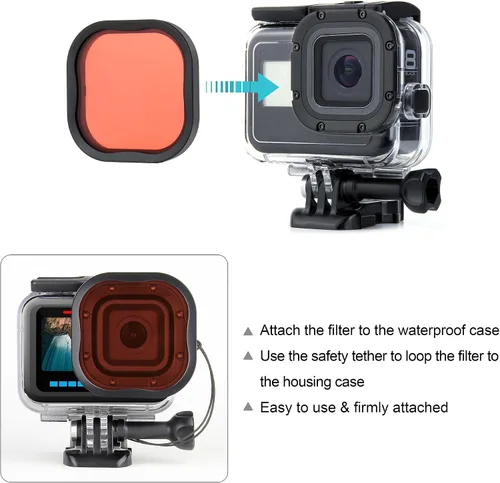 Vista 8 de SOONSUN Paquete de 3 filtros de buceo para GoPro Hero 8, 9, 10, 11, carcasa impermeable oficial, color rojo, rojo claro, filtros magenta, mejora