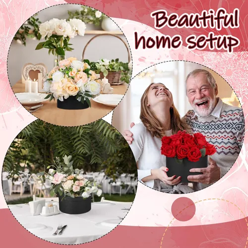 Vista 5 de Nuenen Caja de regalo redonda con tapa y juego de espuma floral, negro, 2 piezas, cajas de regalo para flores para el día de la madre, dama