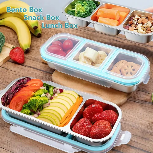 Vista 4 de Contenedores de almacenamiento de alimentos con tapa hermética, contenedores de aperitivos de acero inoxidable, caja de almuerzo de metal a prueba