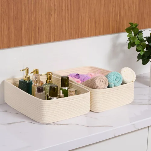 Vista 6 de MiniArk Cestas organizadoras grandes poco profundas de 15 x 11 x 5.1 pulgadas, contenedores de almacenamiento tejidos de cuerda para baño, estantes