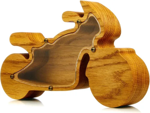 Vista 5 de Hucha de madera para motocicleta, bicicleta de madera Montessori, para adultos, niños, niñas, banco de monedas, regalo inspirador, caja de dinero