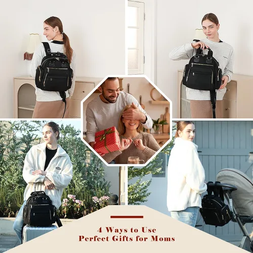 Vista 2 de Mochila para pañales de viaje con cambiador, 13 bolsillos, bolsillos aislados, puerto de carga USB, artículos esenciales para baby shower