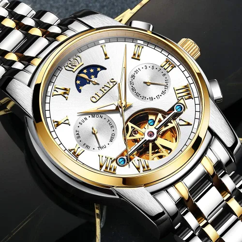 Vista 4 de OLEVS reloj mecánico automático, reloj de cuerda automático de lujo para hombre a prueba de agua, acero inoxidable.