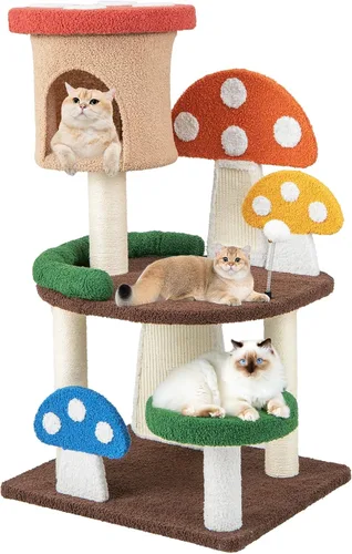 Vista 11 de Tangkula Cama para Gatos en Forma de Seta, Rascador para Gatos con Plataforma Amplia y Elevada, Panel de Rascado de Sisal, Bola de Resorte