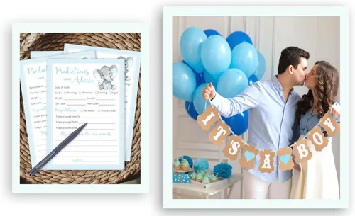 Vista 5 de Blue Elephant - Tarjetas de predicción y consejos – Paquete de 25 – Juegos de baby shower para niños, nuevos padres, mamá y papá futuros, mensaje