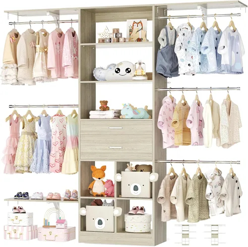 Vista 12 de Sistema de armario pequeño de 5 pies, sistema organizador de armario para bebés con cajones de madera, sistema de vestidor de 60 pulgadas con 5