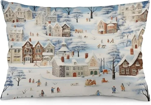 Vista 12 de Funda de almohada con escena de pueblo navideño con niños, fundas de almohada de 12 x 20 pulgadas, almohadas decorativas de Navidad para sofá, funda