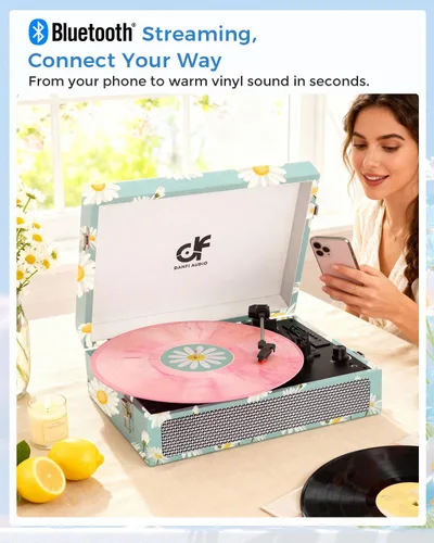 Vista 8 de Tocadiscos de vinilo Bluetooth con altavoces integrados, tocadiscos portátil vintage de 3 velocidades con auriculares de grabación USB/conector