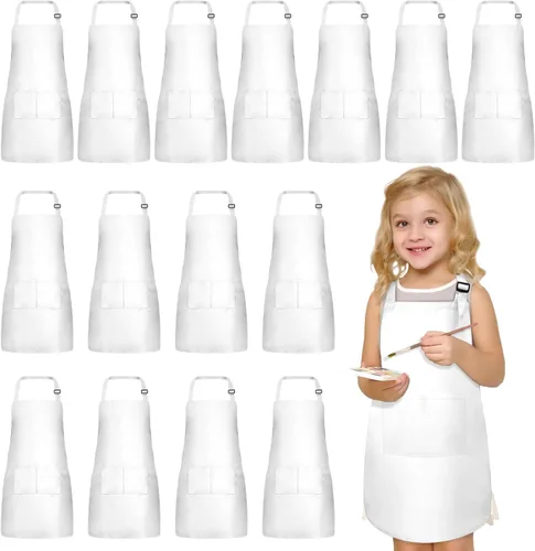 Vista 11 de 15 delantales para niños con bolsillos, delantales ajustables para pintura de chef, a granel para niñas y niños de 6 a 13 años, cocinar, hornear