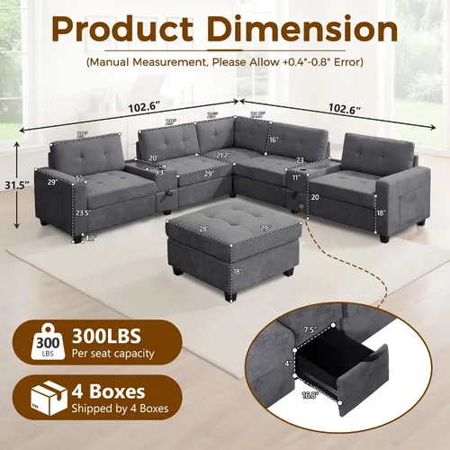 Vista 42 de Sofá modular de 103 pulgadas con 2 consolas acrílicas, juego de sofá en forma de U de gran tamaño con cargador USB, cajones de almacenamiento, Beige