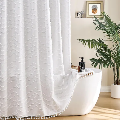 Vista 9 de Cortina de ducha Siiluminisoy de 36x72 beige, cortina de ducha de tela de tamaño pequeño, cortinas de ducha de tela con tufting, diseño chevron a