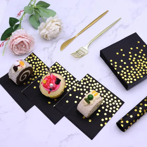 Vista 5 de 100 servilletas de cóctel desechables negras – Servilletas de papel negro y dorado para cumpleaños, boda, aniversario, Año Nuevo, fiesta