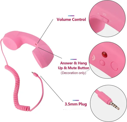 Vista 6 de Auricular de teléfono para teléfono celular, teléfono retro rosa con conector de 0.138 in, receptor de teléfono móvil, auriculares antiguos