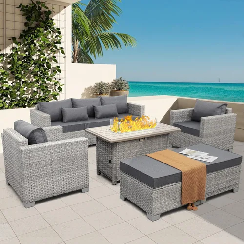 Vista 7 de WAROOM Fogata de propano para exteriores, mesa de fogata de patio de mimbre PE de 43 pulgadas con protector contra el viento de vidrio, vidrio