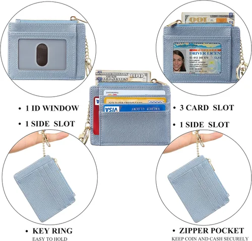 Vista 5 de Sodsay Estuche para tarjetas, cartera delgada con bolsillo frontal, para mujer, sujetatarjetas con llavero