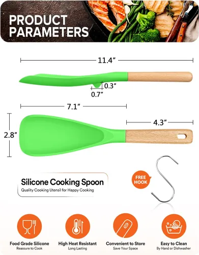 Vista 2 de Cuchara de cocina para utensilios de cocina antiadherentes, ideal para cocinar y servir silicona mate resistente sin BPA, cuchara con mango de Verde