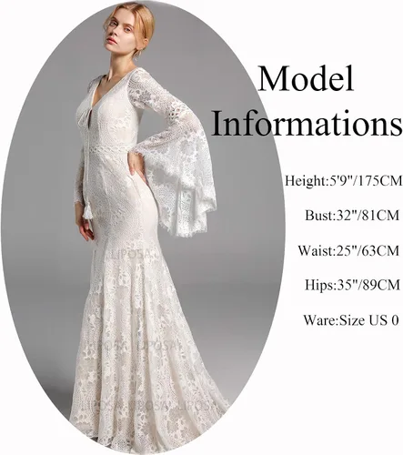 Vista 6 de LIPOSA Vestidos de novia de encaje bohemio para novias, mangas largas acampanadas, cuello en V, vestidos de novia de sirena con tren de barrido