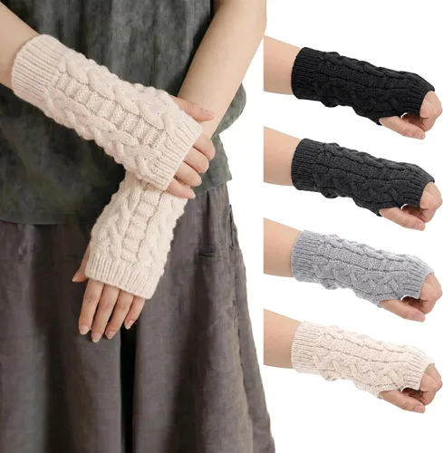Vista 2 de Loritta Guantes sin dedos para mujer, calentadores de brazos con orificio para el pulgar de invierno de punto y ganchillo A1-beige/gris claro/gris