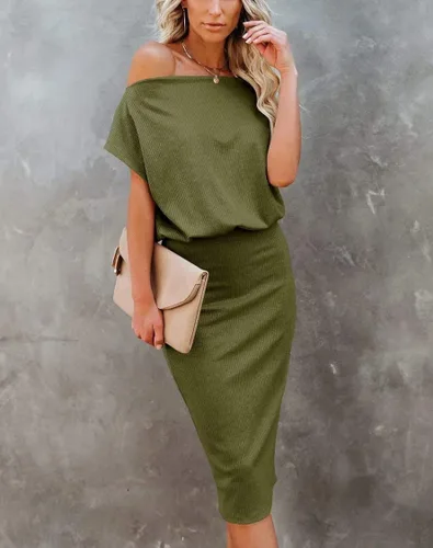 Vista 2 de Ezbelle - Vestido por debajo de la rodilla ajustado al cuerpo para mujer, con hombro descubierto y manga corta, vestido acanalado informal