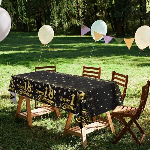 Vista 6 de durony Paquete de 2 manteles de cumpleaños de 18 años, de plástico, color negro y dorado, impermeable, rectangular, para fiestas en interiores