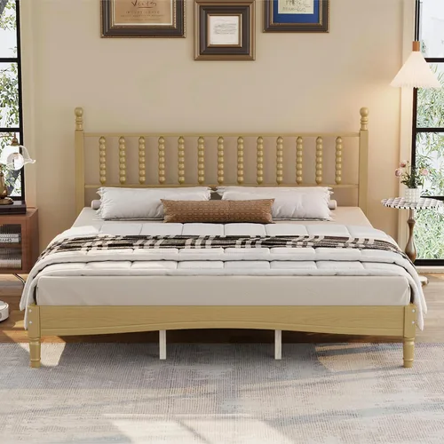 Vista 18 de JIVOIT Cama de plataforma de tamaño King con cabecera de 46.5 pulgadas de alto, marco de plataforma de madera de bambú maciza con listones de madera