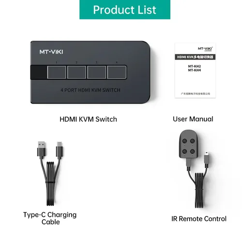 Vista 6 de MT-VIKI Conmutador KVM HDMI 4 Puertos Cajas, Consola KVM HDMI USB 4K a 30Hz para 4 PCs Comparte 1 Monitor HD y Teclado Ratón, Botón + Conmutación
