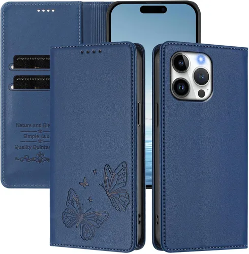 Vista 3 de Butterfly Embossed Leather Wallet Flip Case for Motorola Moto E22i 4G, Magnetic Closure, RFID Blocking Cover, Card Holder Blue.