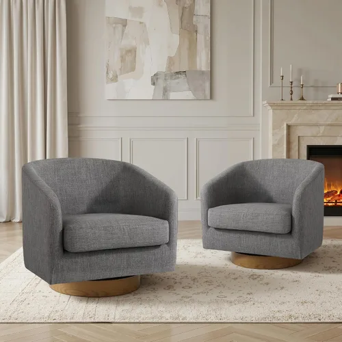 Vista 33 de Silla Giratoria de Acento de Cuero Sintético con Base de Madera, Sillas de Barril Tapizadas Modernas para Sala de Estar, Cómodo Sillón Redondo Sofá