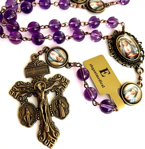 Vista 2 de elegantmedical Hanmade Turguoies - Collar con cuentas de oración, rosario católico, bronce, crucifijo, caja de regalo, Ametyst