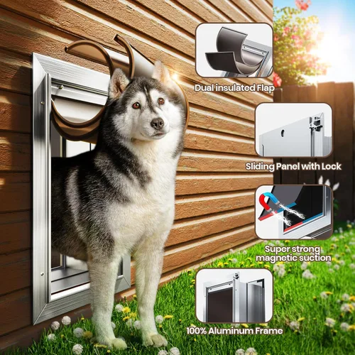 Vista 3 de Puerta de perro para pared, puerta grande para perro, puerta resistente para mascotas con todo aluminio, 2 solapas magnéticas, túnel telescópico