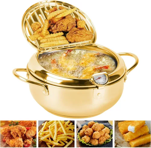 Vista 5 de Olla para freír tempura de 11 pulgadas/4.2 L con tapa, olla de acero inoxidable 304 con control de temperatura y rejilla de drenaje de aceite