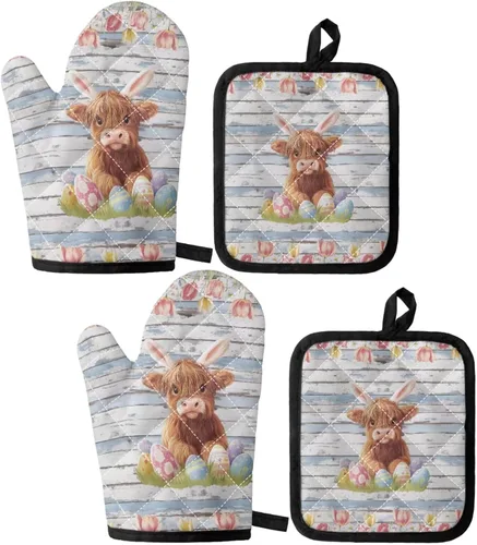 Vista 10 de UNICEU Juego de 4 manoplas de horno personalizadas y soportes para ollas, decoración de cocina, guantes protectores personalizados para hornear
