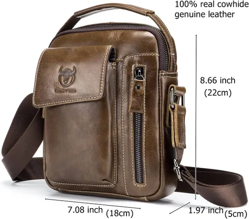 Vista 2 de Bolsos de cuero genuino para hombre bolso de hombro para hombre uso diario casual bolso de mensajero Marrón