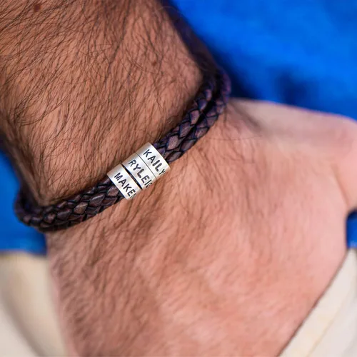 Vista 7 de Sett&Co - Personalized "Quest" BrownBlack Leather Bracelet With Up To 7 Custom Beads With Inscription - Sterling Silver 0.925, 18K Gold Plated